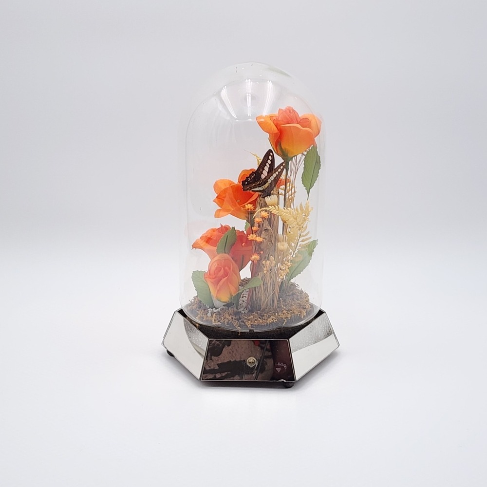 Vintage Glass Dome Floral Cloche with Butterfly Dried & Orange Faux Flowers